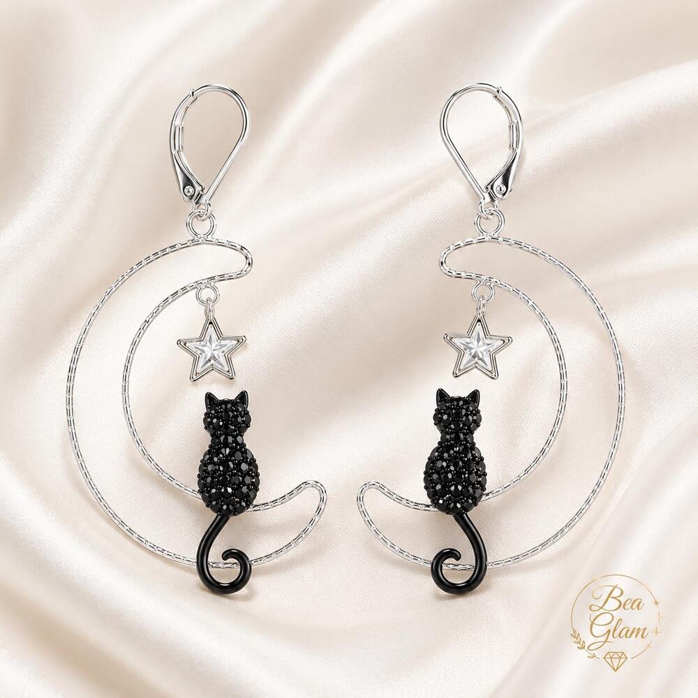 Black Crystal Caviar Cat Moon Earrings, Rhinestone Star Leverback